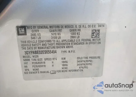 2014 Cadillac Srx Luxury Collection z USA, uszkodzony, nr VIN 3GYFNBE32ES656494